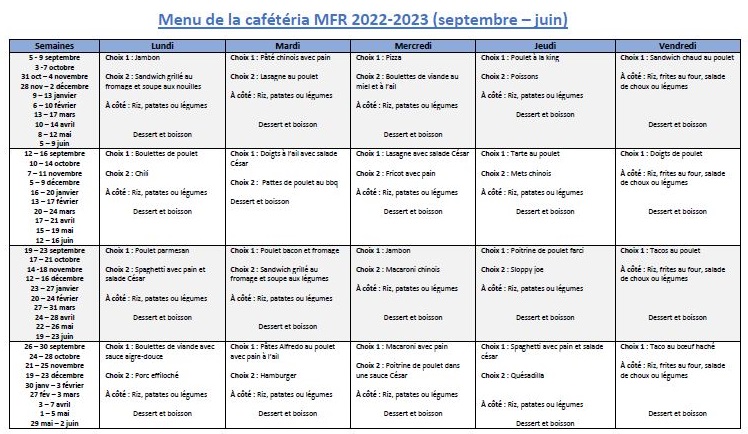Menu de la cafétéria MFR 2022 2023